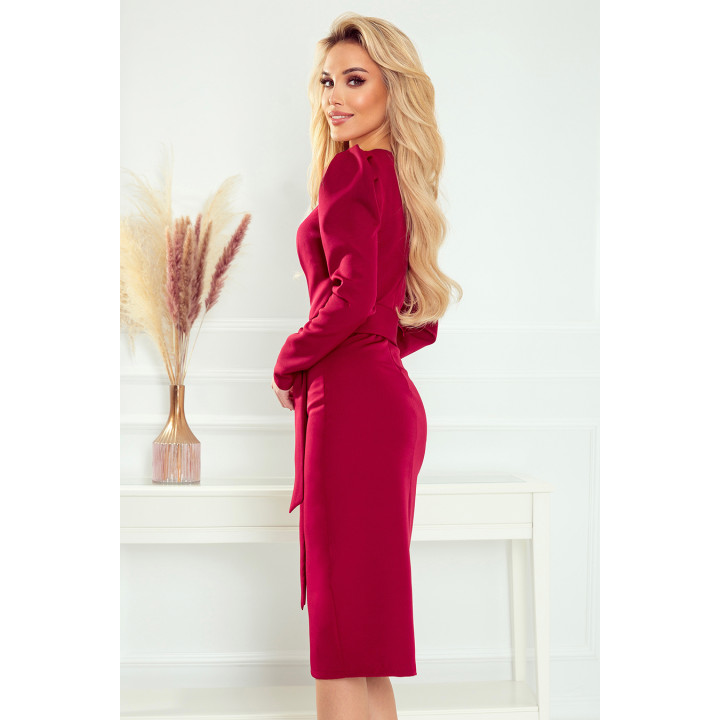 EDITTA elegantní šaty s výstřihem a nabíranými rukávy – BORDÓ