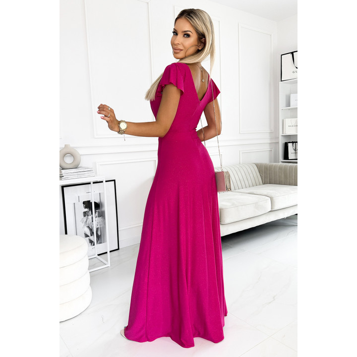 CRYSTAL lesklé dlouhé šaty s výstřihem - FUKSJA