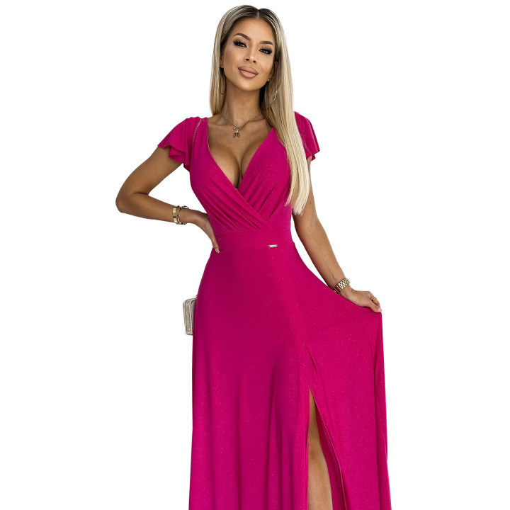 CRYSTAL lesklé dlouhé šaty s výstřihem - FUKSJA
