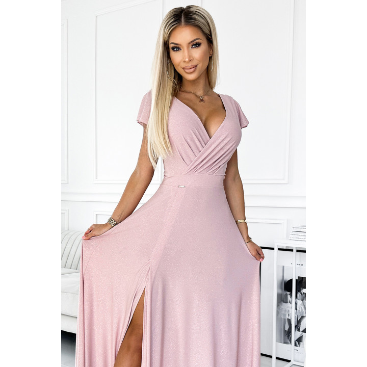 CRYSTAL lesklé dlouhé šaty s výstřihem - ŠPINAVÁ RŮŽOVÁ