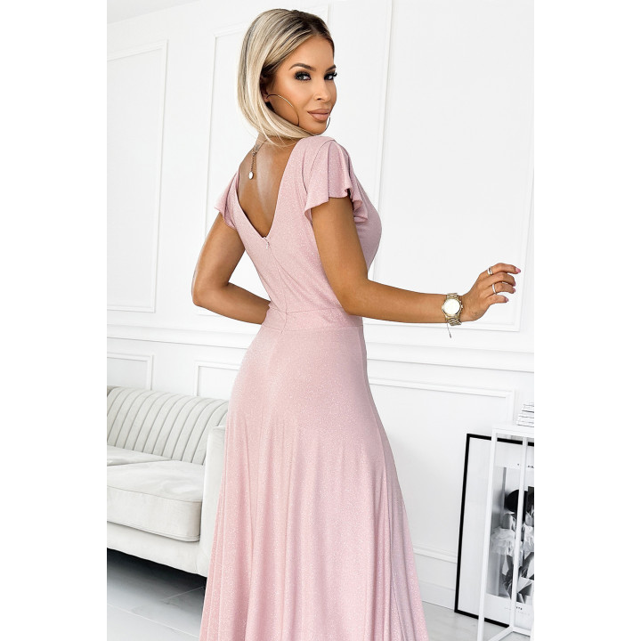 CRYSTAL lesklé dlouhé šaty s výstřihem - ŠPINAVÁ RŮŽOVÁ