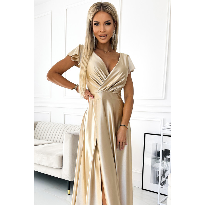 CRYSTAL saténové dlouhé šaty s výstřihem - ZLATÁ