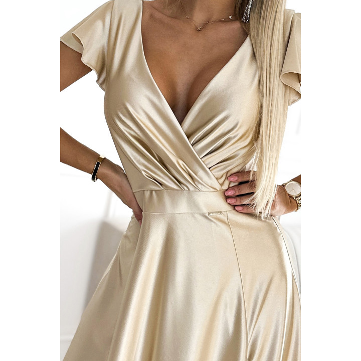 CRYSTAL saténové dlouhé šaty s výstřihem - ZLATÁ