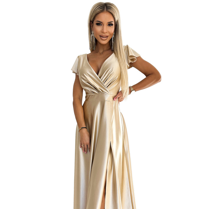 CRYSTAL saténové dlouhé šaty s výstřihem - ZLATÁ