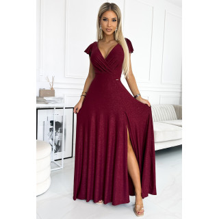 CRYSTAL lesklé dlouhé šaty s výstřihem - BORDÓ