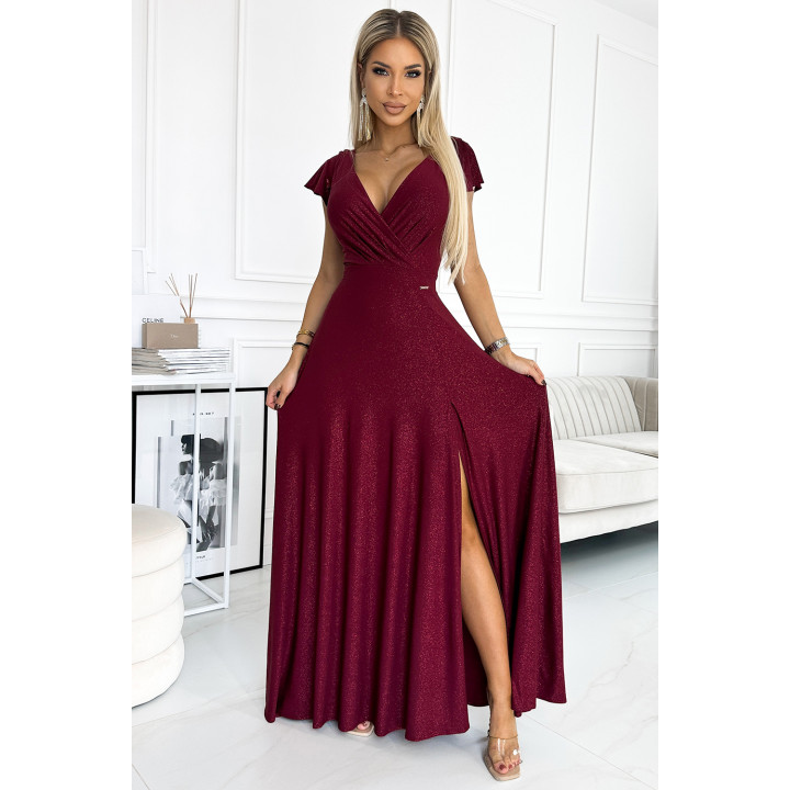 CRYSTAL lesklé dlouhé šaty s výstřihem - BORDÓ