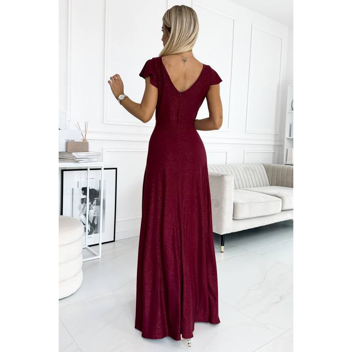 CRYSTAL lesklé dlouhé šaty s výstřihem - BORDÓ