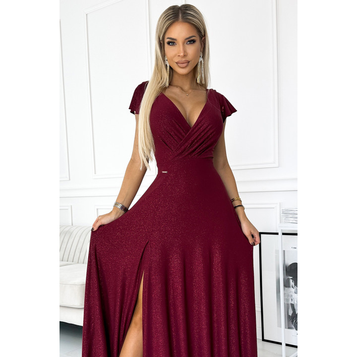 CRYSTAL lesklé dlouhé šaty s výstřihem - BORDÓ