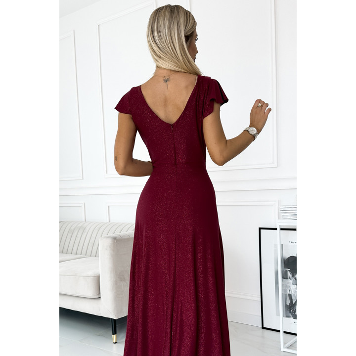 CRYSTAL lesklé dlouhé šaty s výstřihem - BORDÓ