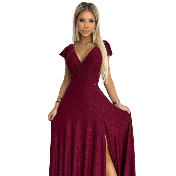 CRYSTAL lesklé dlouhé šaty s výstřihem - BORDÓ