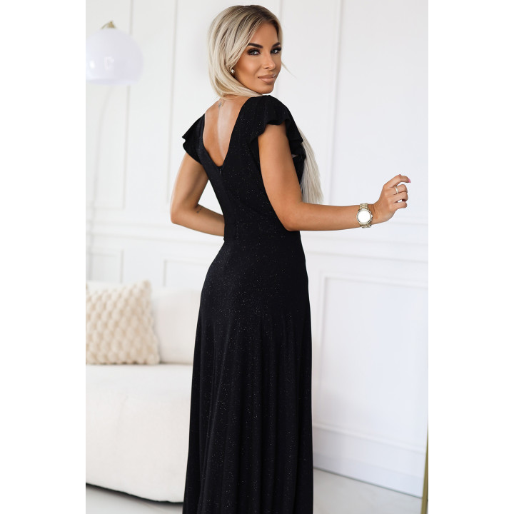 CRYSTAL lesklé dlouhé šaty s výstřihem - ČERNÉ