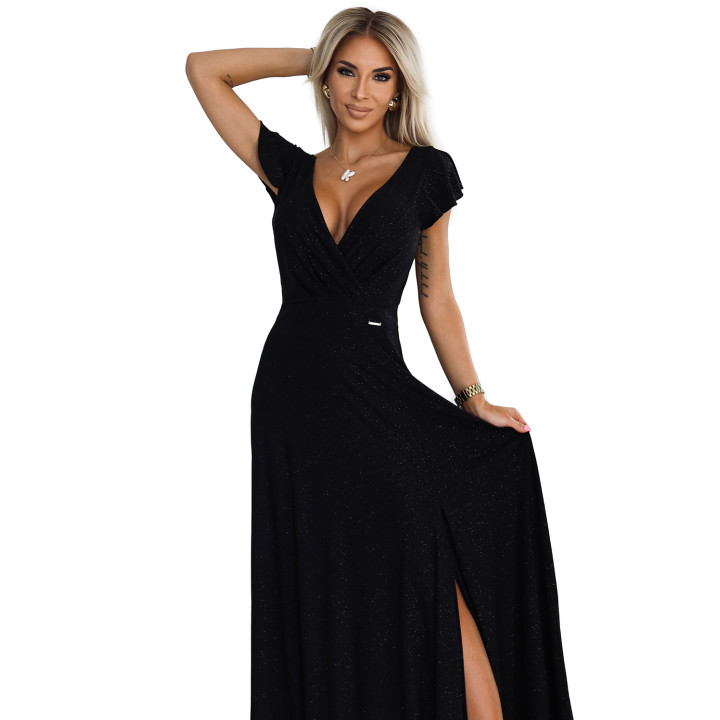 CRYSTAL lesklé dlouhé šaty s výstřihem - ČERNÉ