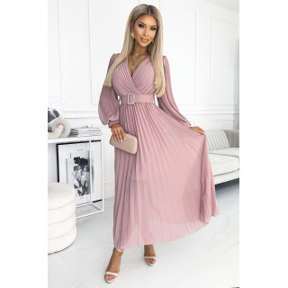 KLARA plisovaná sukně s páskem a výstřihem - PUDROVÁ RŮŽOVÁ