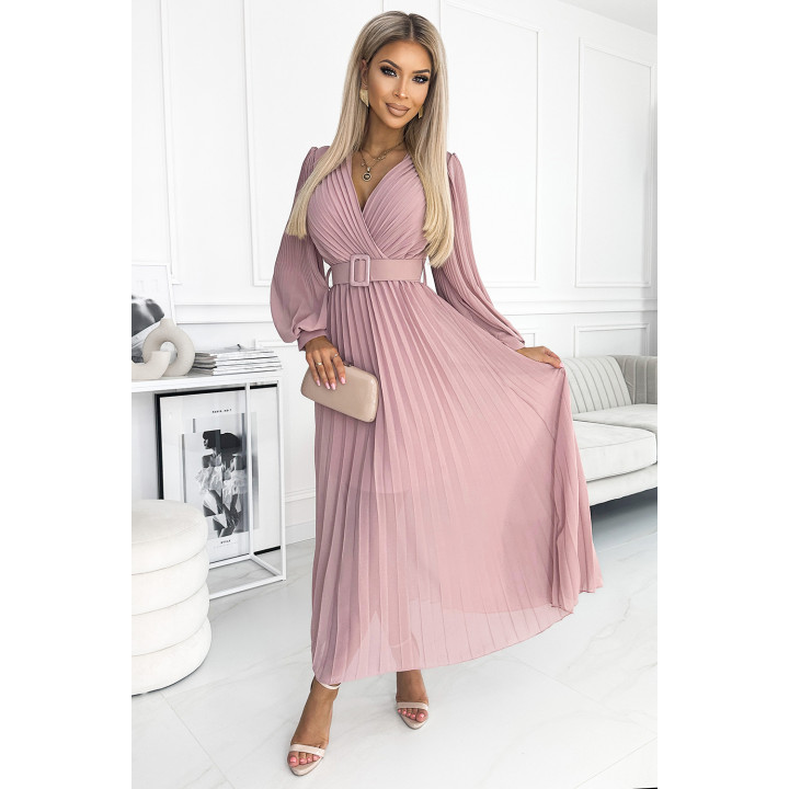 KLARA plisovaná sukně s páskem a výstřihem - PUDROVÁ RŮŽOVÁ
