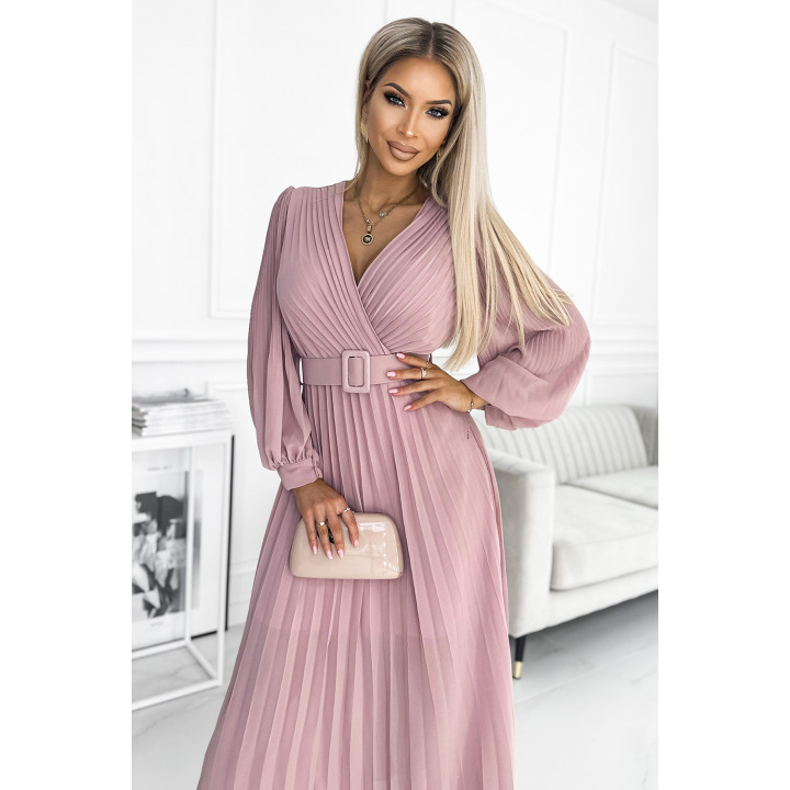 KLARA plisovaná sukně s páskem a výstřihem - PUDROVÁ RŮŽOVÁ