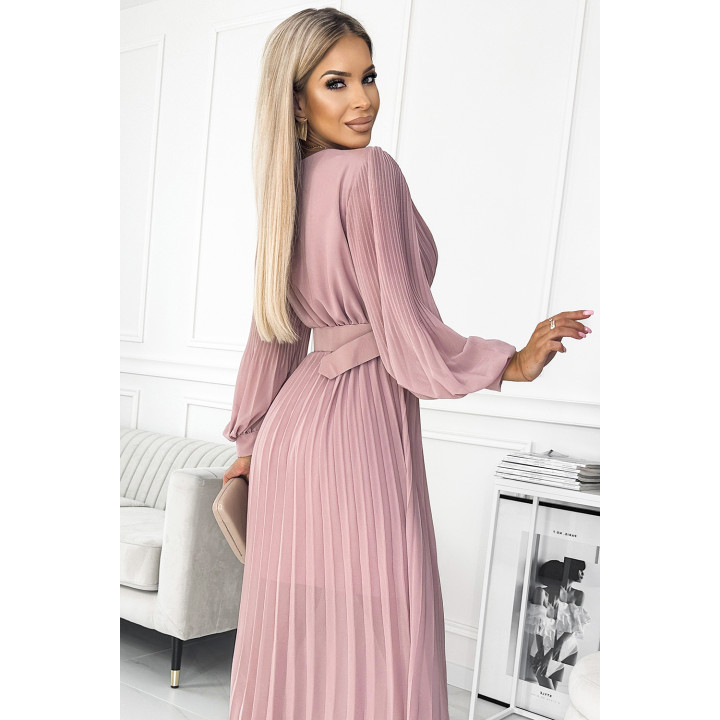 KLARA plisovaná sukně s páskem a výstřihem - PUDROVÁ RŮŽOVÁ