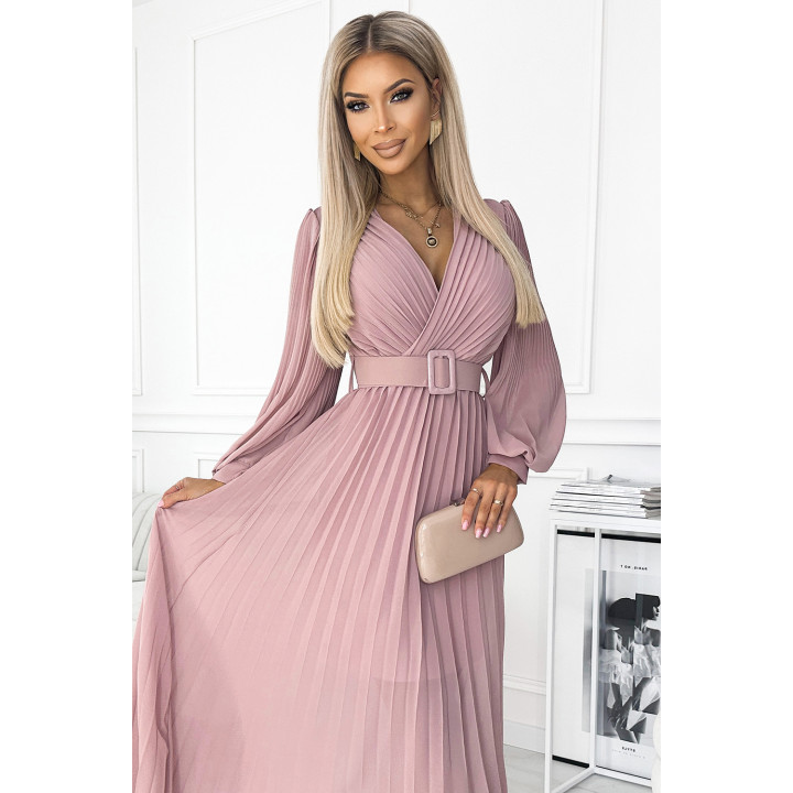 KLARA plisovaná sukně s páskem a výstřihem - PUDROVÁ RŮŽOVÁ