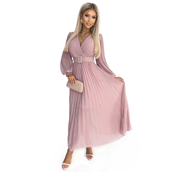 KLARA plisovaná sukně s páskem a výstřihem - PUDROVÁ RŮŽOVÁ