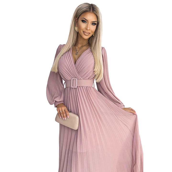 KLARA plisovaná sukně s páskem a výstřihem - PUDROVÁ RŮŽOVÁ