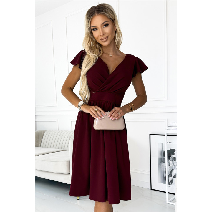 MATILDE Šaty s výstřihem a krátkými rukávy – BORDÓ