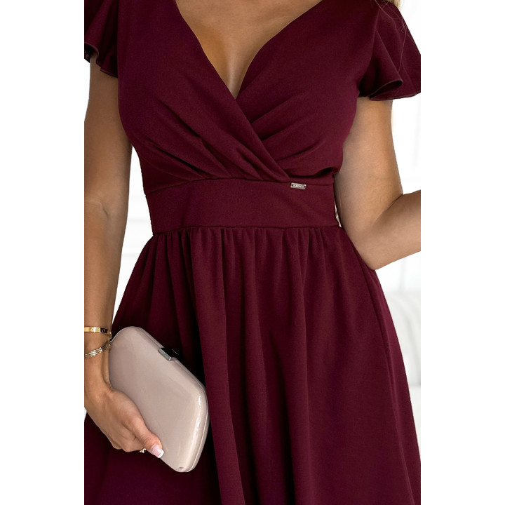 MATILDE Šaty s výstřihem a krátkými rukávy – BORDÓ