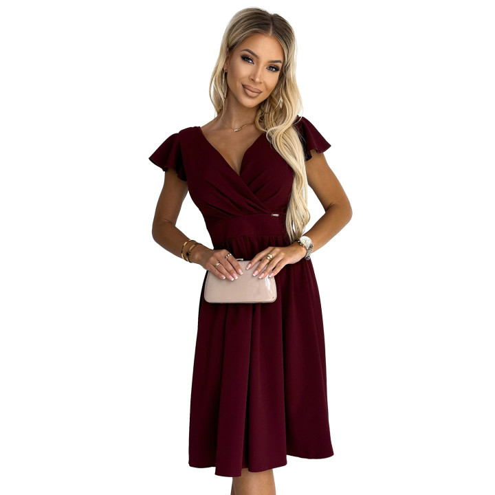 MATILDE Šaty s výstřihem a krátkými rukávy – BORDÓ