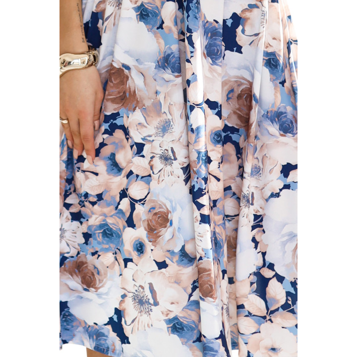 MATILDE Dámské šaty s výstřihem a krátkými rukávy – béžové a modré květy