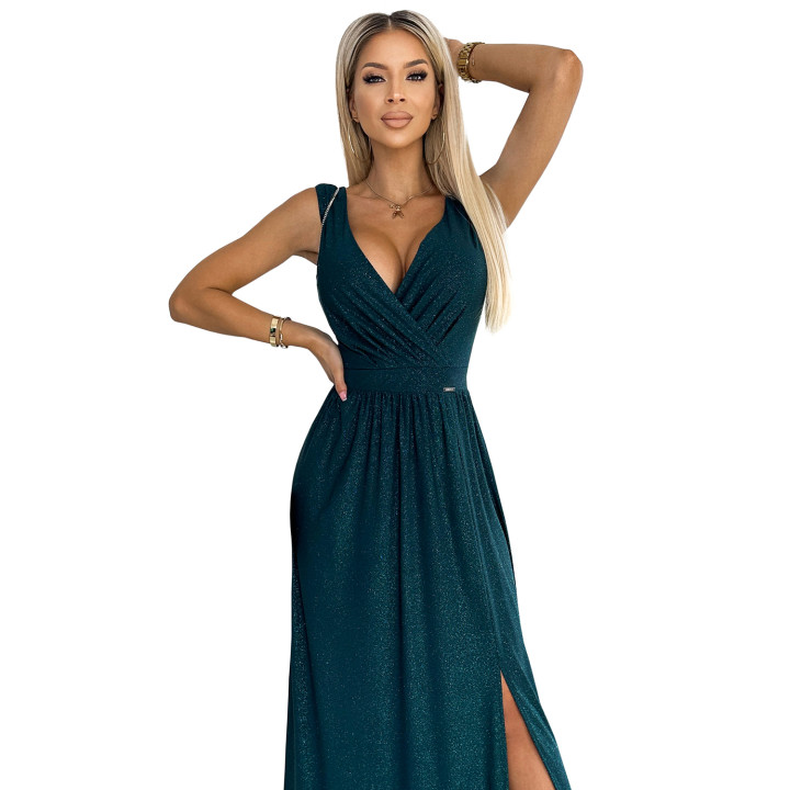 LOUISE dlouhé brokátové šaty s výstřihem a rozparkem na noze – BOTEVÁ ZELENÁ