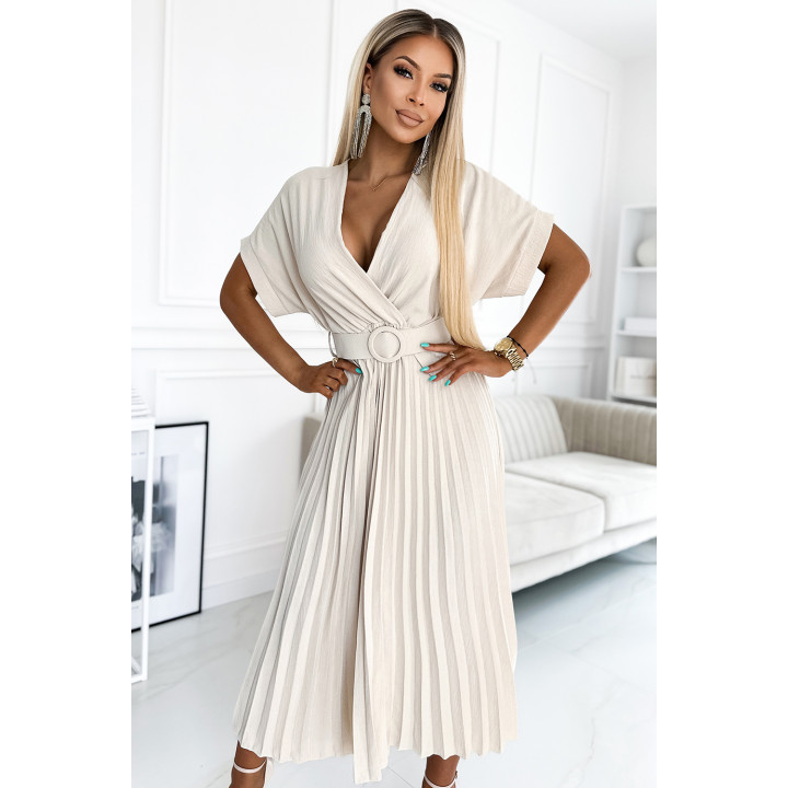 FELICIA Plisovaná midi sukně s výstřihem a širokým páskem – BEŽOVÁ