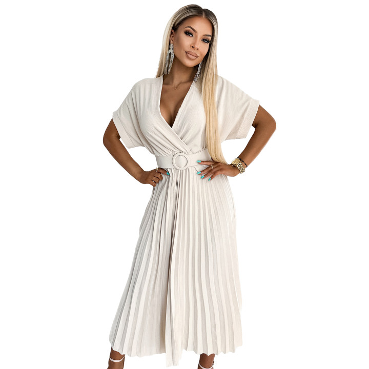 FELICIA Plisovaná midi sukně s výstřihem a širokým páskem – BEŽOVÁ