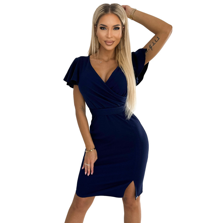 NINA šaty s přeloženým výstřihem, rukávy a páskem - NAVY BLUE
