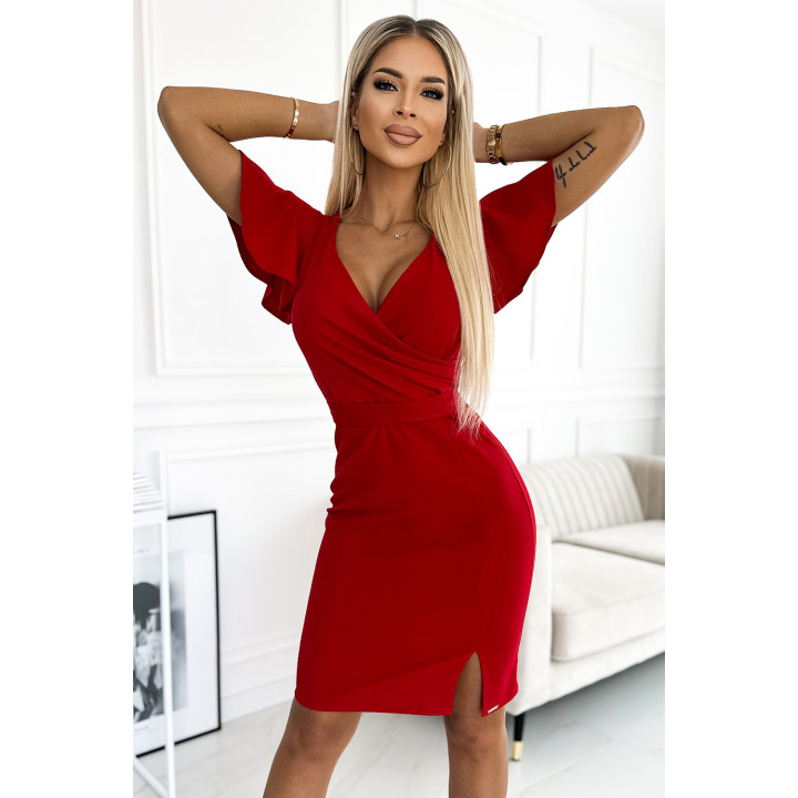 NINA šaty s přeloženým výstřihem, rukávy a páskem - ČERVENÉ