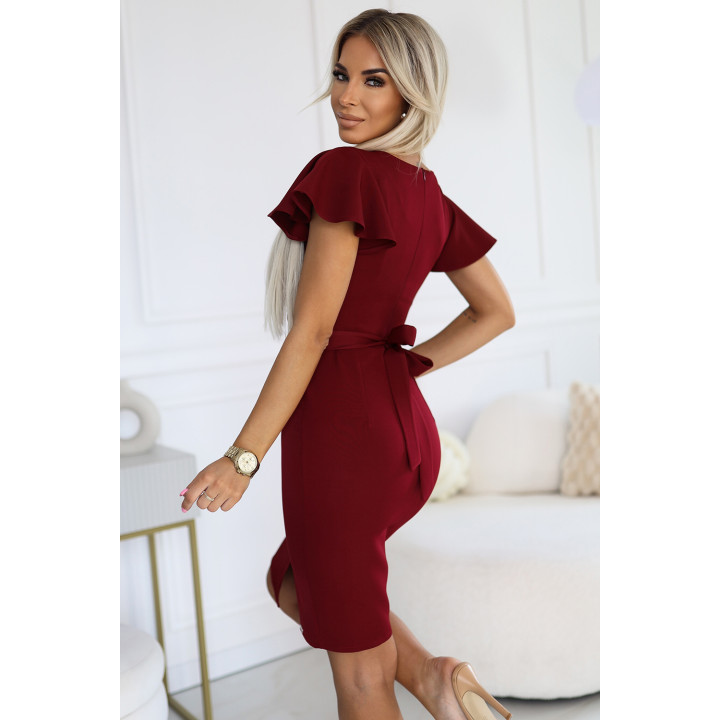 NINA elegantní šaty s přeloženým výstřihem, rukávy a páskem - BORDÓ