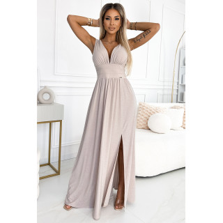 SUSAN Dlouhé brokátové šaty s výstřihem a prošíváním v pase – BEŽOVÉ