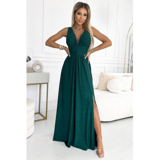 SUSAN Dlouhé brokátové šaty s výstřihem a prošíváním v pase – BOTLOVÁ ZELENÁ