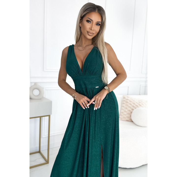 SUSAN Dlouhé brokátové šaty s výstřihem a prošíváním v pase – BOTLOVÁ ZELENÁ