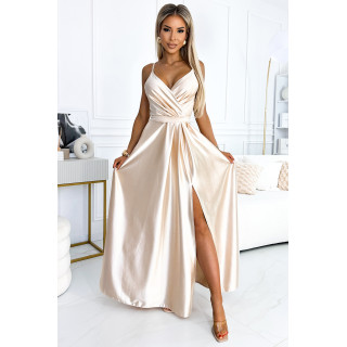JULIET elegantní dlouhé saténové šaty s výstřihem a rozparkem na noze  - BEŽOVÁ