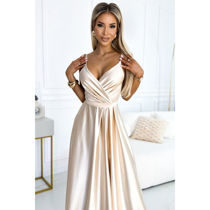 JULIET elegantní dlouhé saténové šaty s výstřihem a rozparkem na noze  - BEŽOVÁ