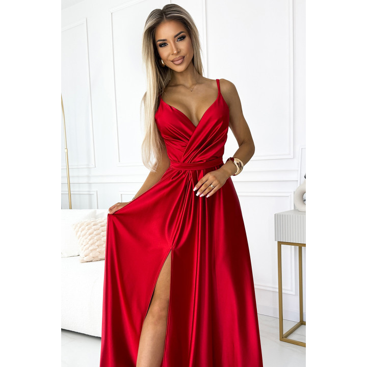 JULIET elegantní dlouhé saténové šaty s výstřihem a rozparkem na noze  - ČERVENÉ