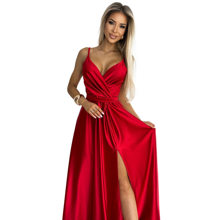 JULIET elegantní dlouhé saténové šaty s výstřihem a rozparkem na noze  - ČERVENÉ