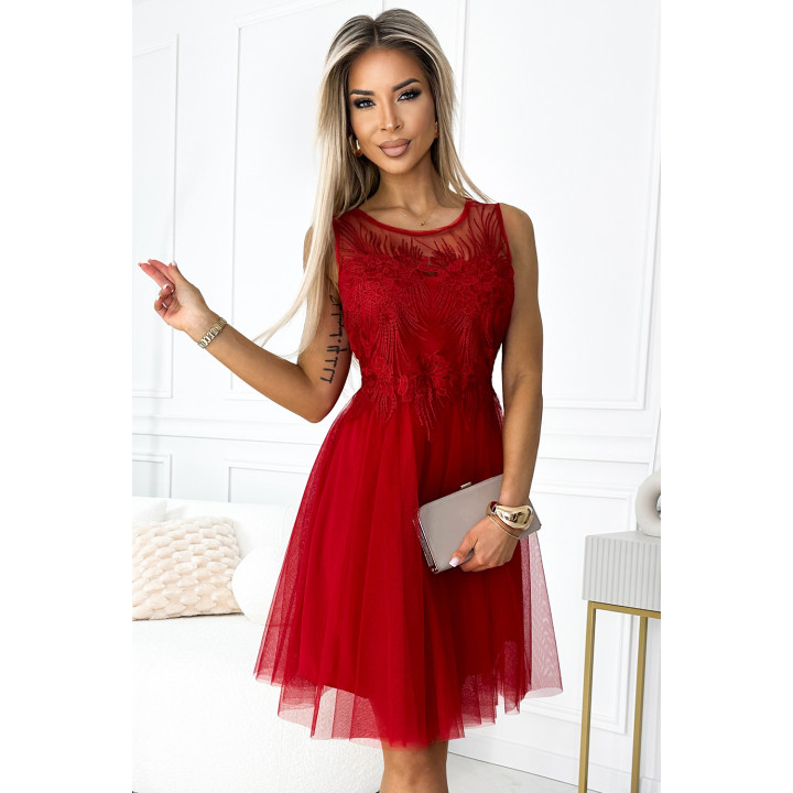 CATERINA Dámské šaty s gipiurou a jemným tylem - ČERVENÉ