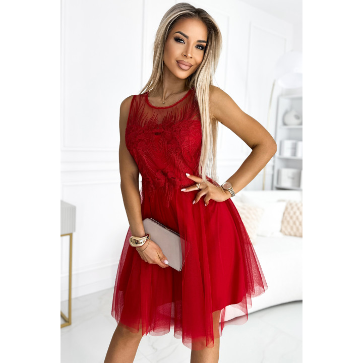 CATERINA Dámské šaty s gipiurou a jemným tylem - ČERVENÉ