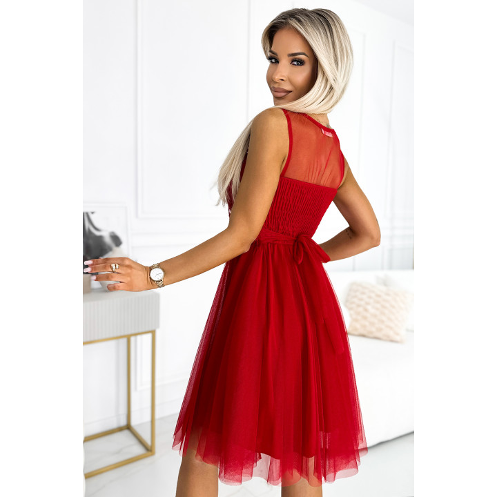CATERINA Dámské šaty s gipiurou a jemným tylem - ČERVENÉ