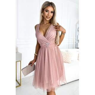 OLGA tylový šaty s výstřihem a ozdobnou sponou - ŠPINAVÁ RŮŽOVÁ