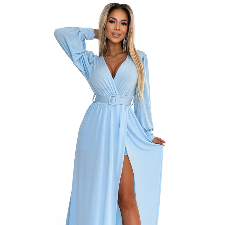 FIORELLA Dlouhé šaty s širokým páskem a výstřihem - MODRÉ