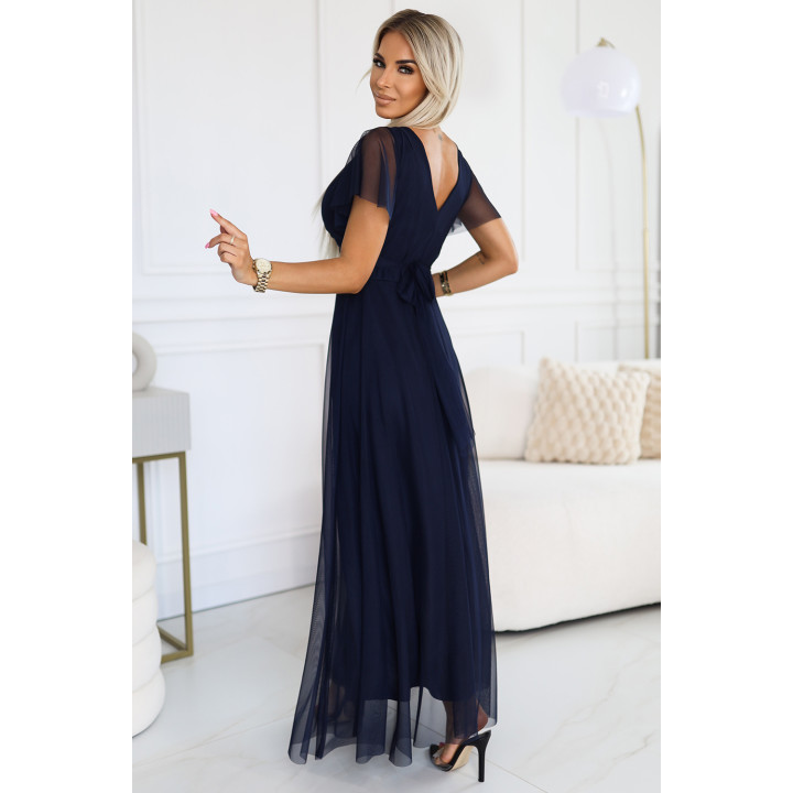 NASTIA Dlouhé šaty s výstřihem a krátkými rukávy – NÁTRYCHOVĚ MODRÉ