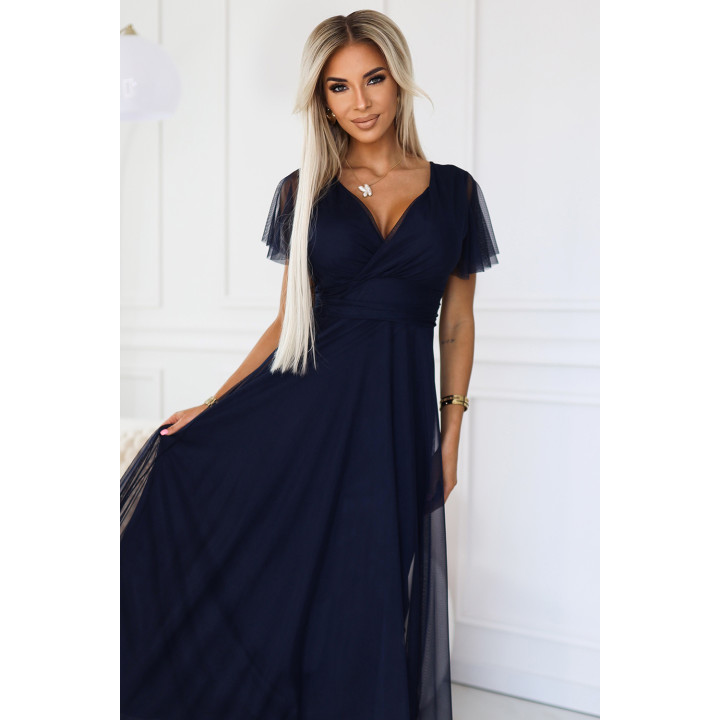 NASTIA Dlouhé šaty s výstřihem a krátkými rukávy – NÁTRYCHOVĚ MODRÉ