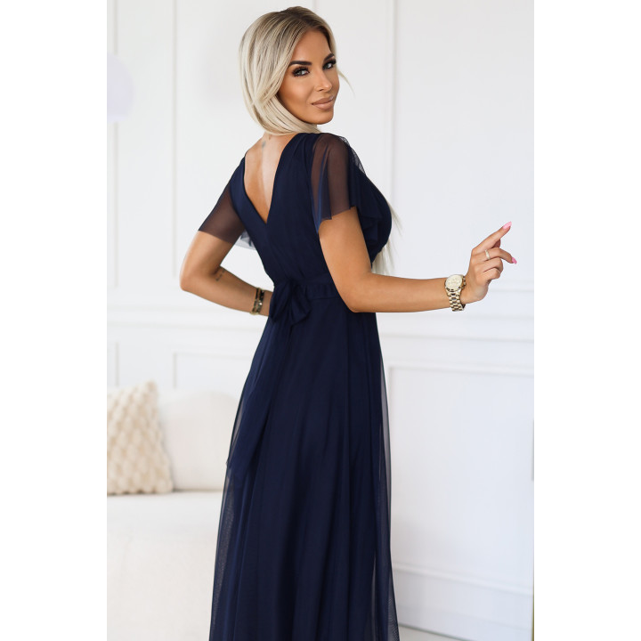 NASTIA Dlouhé šaty s výstřihem a krátkými rukávy – NÁTRYCHOVĚ MODRÉ