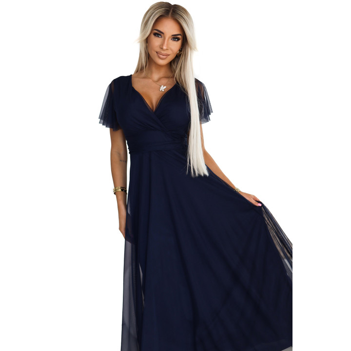 NASTIA Dlouhé šaty s výstřihem a krátkými rukávy – NÁTRYCHOVĚ MODRÉ