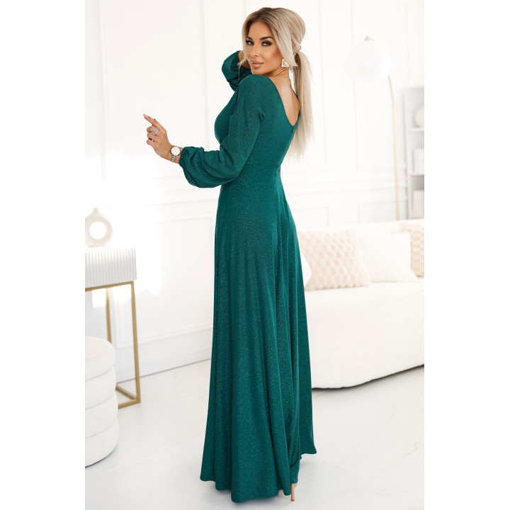 NELA lesklé dlouhé šaty s výstřihem, dlouhými rukávy a rozparkem na noze – BOTEVÁ ZELENÁ